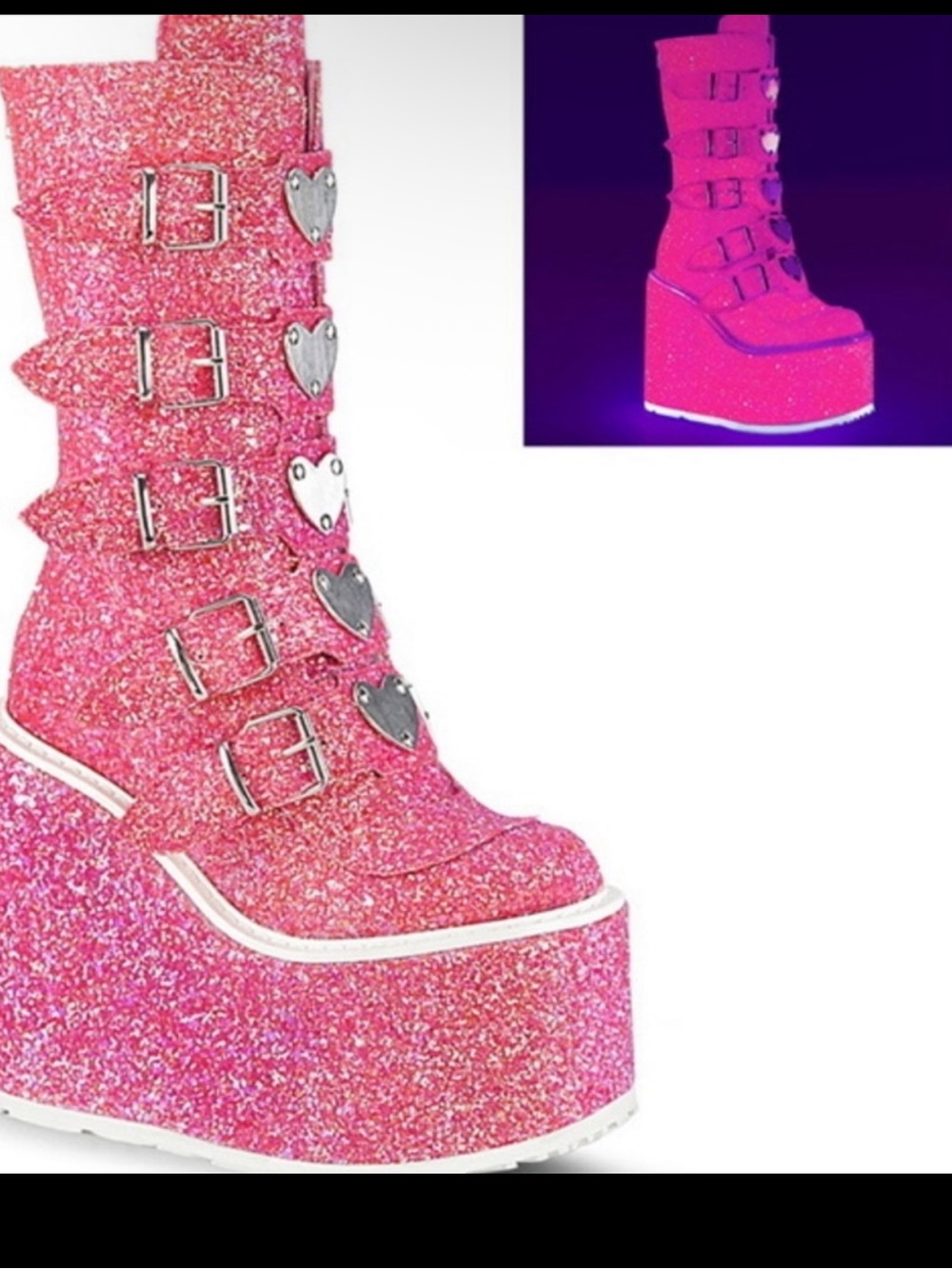 Demonia Glitter Platform Boots with Heart Buckles
